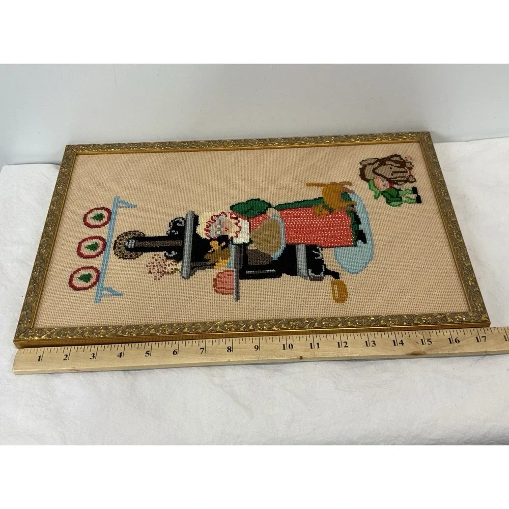 Vtg Christmas Needlepoint Art Framed Completed Mrs Claus Cat Dog Kitschy 11x17.5